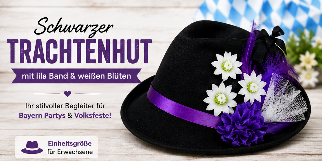 Schwarzer Trachtenhut mit lila Hutband und wei&szlig;en Bl&uuml;ten